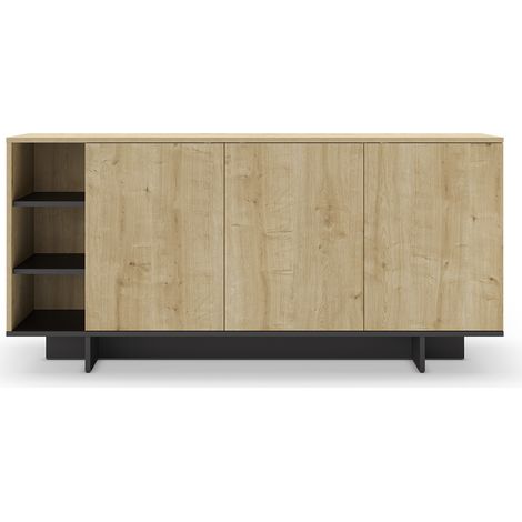 Buffet, commode rectangulaire aspect bois coloris chêne, noir - Longueur 170 x Profondeur 40 x Hauteur 80 cm (1/5)