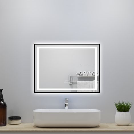 Miroir de Salle de Bain LED Intelligent 80x60 cm - Anti-Buée, Bluetooth, Horloge, Variateur de Lumière 3C