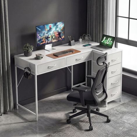 Escritorio Esquinero Reversible con 6 Cajones 126x48 cm con Toma de Corriente Puerto de Carga USB y USB-C Blanco