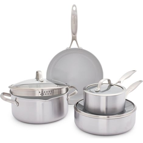 GreenPan Venice Pro Tri-Ply Set di pentole e padelle in ceramica antiaderente a tre strati in acciaio inox, senza PFAS, multiaderenti, a induzione, lavabili in lavastoviglie, adatto al forno, argento (1/4)