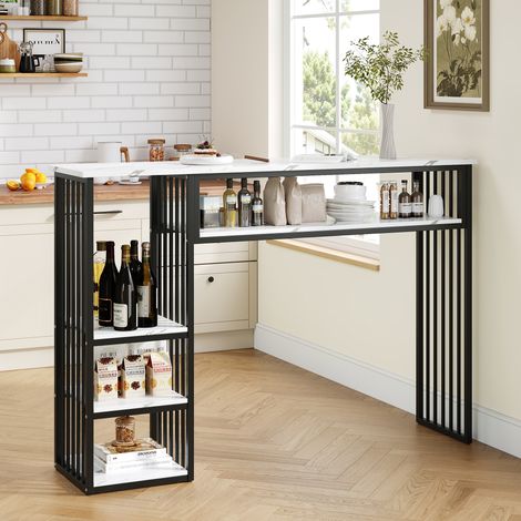 Table de bar avec espace de rangement, 140×40×105 cm, table haute avec plateau en MDF aspect marbre, 3 étagères et structure en métal noir, comptoir de cuisine pour cuisine, salle à manger et coin pet (1/5)