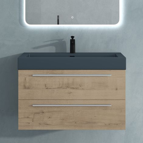Mai & Mai Meuble de Salle de Bain Chêne Clair 90cm Meuble sous Vasque Quadratto Meuble Suspendu avec Vasque (1/5)