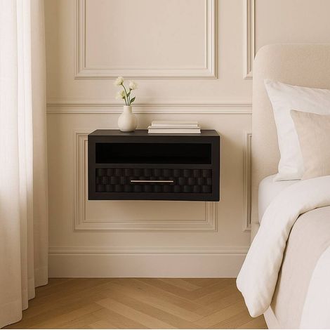 Comodino sospeso moderno in legno massello marrone, 1 cassetto scorrevole e 1 vano aperto