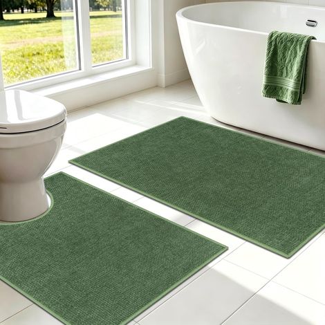 Lot de 2 Tapis Salle De Bain, Tapis de Bain Antidérapant Absorbant, Lavable en Machine Tapis WC Contour, Vert (1/5)