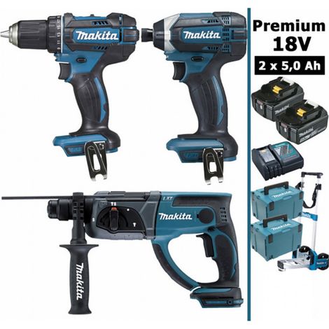 Makita – Pack d'outils électroportatifs 18V – 3 machines : perceuse 62Nm, visseuse 165Nm, perforateur 2J – 2 batteries 5Ah – Chariot inclus (1/5)