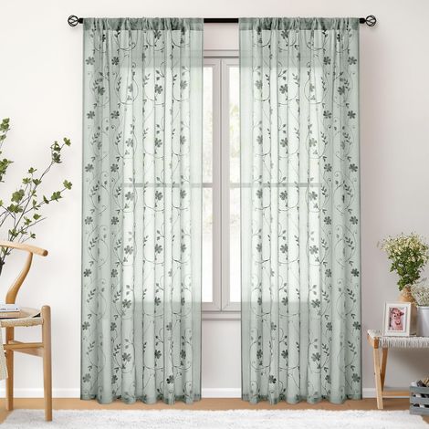 Set aus zwei halbtransparenten Vorhängen mit gesticktem Blumenmuster, geeignet für Schlaf- und Wohnzimmer, 132 x 160 cm, grün