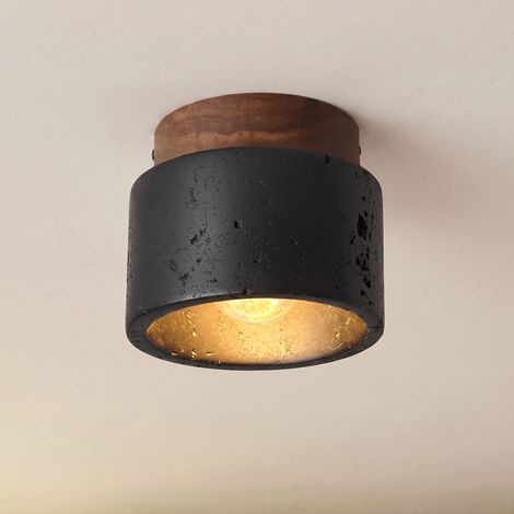 Moderne Plafonnier Luminaire Style Nordique Lampe de Plafond en Pierre Noyer Bois pour Salon Couloir Entrée Escalier (Ampoule Incluse) Noir