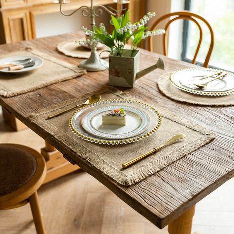 Platzsets, Vintage-Platzsets im Landhausstil mit Pompons, rechteckige Platzsets, wärmeisolierende rechteckige Platzsets, 4er-Set Platzsets, rustikale Platzsets, hitzebeständig, Platzsets im Landhausst