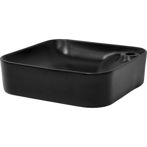 ML-Design Lavabo de Cerámica Negro Esquinas Redondeadas 430 x 430 x 120 mm Con Agujero de Desagüe Orificio Para Grifo Lavamanos Moderno Sobre Encimera Sobremesa Pila Para Baño Aseo Diseño Minimalista