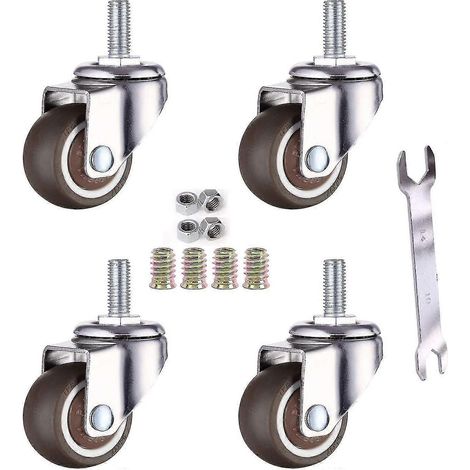 Lot de 4 roulettes pivotantes pour meubles M6 x 15 mm avec filetage de 32 mm en caoutchouc souple TPE. (1/4)