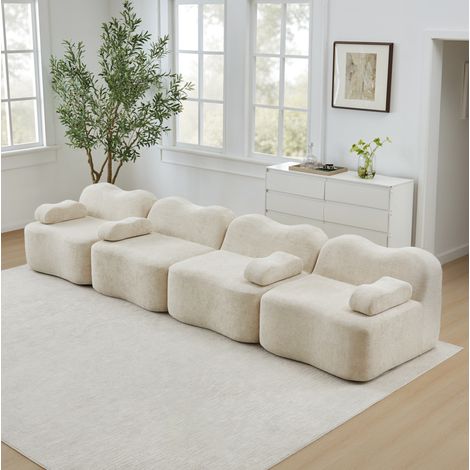 FloraGrace Canapé modulable Boneless 4 places, velours beige, sans montage, pour salon et appartement (1/5)