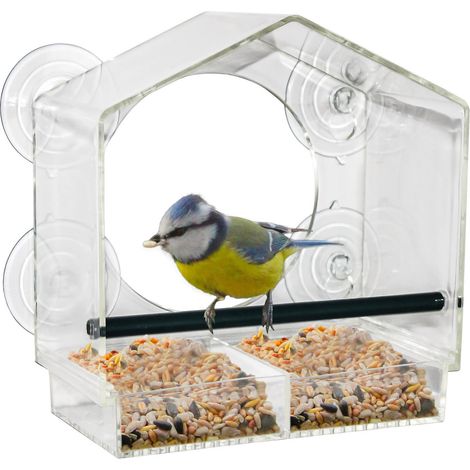 Fenster Futterhäuschen für Vögel - 20 x 18 cm - Transparentes Vogelhäuschen mit Saugnäpfen und Sitzstange - Vogel Futterstation Futterhaus Futterstelle Futterspender zum Befestigen an Glasscheiben