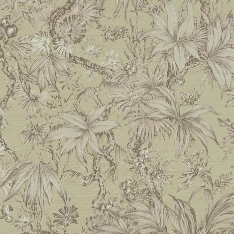 Exklusive Luxus Tapete Profhome 790475 heißgeprägte Vliestapete leicht strukturiert mit floralen Ornamenten und Metallic Effekt grün oliv-grau beige-grau 5,33 m2