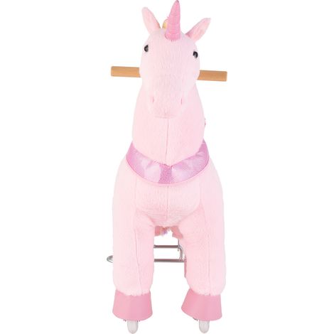 Mophorn Reitpferd auf Rollen 80 cm, belastbar bis 50 kg, Stehpferd mit Soundfunktion, Spielpferd mit erhöhtem Sitz, Griffen und Pedalen, rosa Einhorn mit Regenbogenmähne zum Reiten für 3-8 Jahren (1/5)