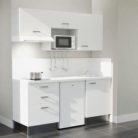 Kitchenette K20L-PT - 180 cm - plan stratifié, évier inox, - Façade Blanc - Plan Blanc - Crédences Oui + Electroménager inclus coloris Blanc