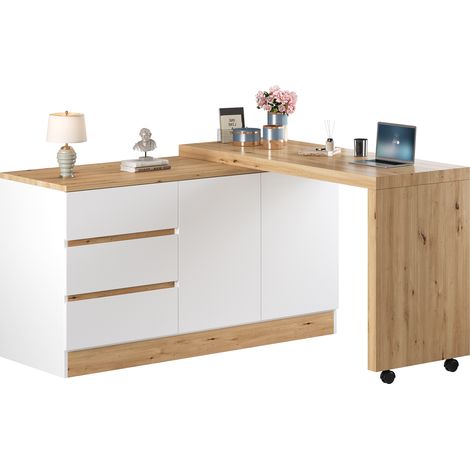 Bureau avec roulettes freinables – design multifonction, plateau rotatif épais de 4 cm, verrouillable, blanc/chêne, table pliable, bureau d'angle, buffet, matériau résistant (1/5)