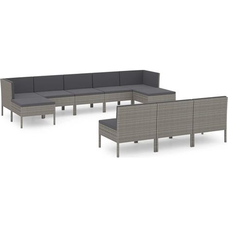 Salon de jardin 10 pcs avec coussins Résine tressée Gris (1/4)