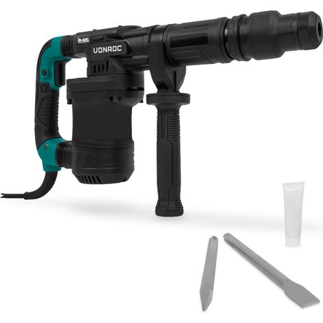 VONROC PRO Martillo Demoledor 1200W - 6kg - Impacto: 14 Joule - Tasa de impacto: 3100 p/m - Cable de 5 metros - Incluye mango lateral, cincel puntiagudo, cincel plano y lubricante (1/4)