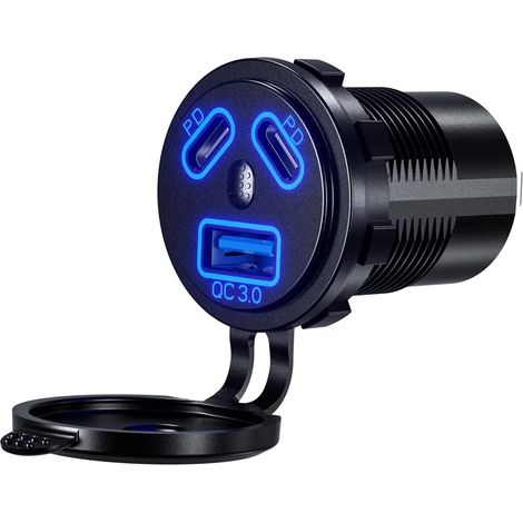 12V Dual Car Charger Socket 45W PD Type C and 18W QC3.0 USB with Waterproof Switch for 9V-32V Boats Cars Motorcycle (1/5)