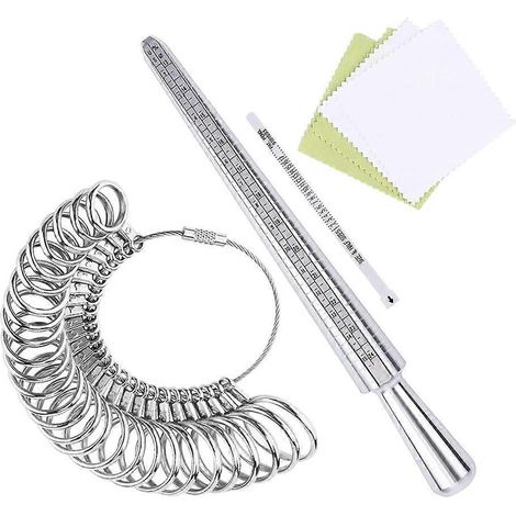 Ensemble d'outils de mesure pour bijoux fantaisie et baguiers, comprenant un mandrin et un gabarit de bagues.