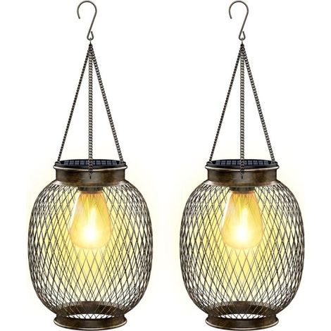 Lampe Solaire Exterieur Jardin Suspendue, IP65 Étanche Lanterne Solaire Exterieur 2 Pièces Métal Lumiere Solaire Exterieur avec Ampoule LED Lampe Solaire Balcon pour Porche Cour Jardin Terrasse [Class (1/3)