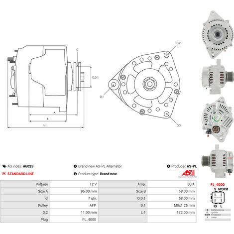 Alternateur AS-PL A6025 TOYOTA 27060-0L020 27060-0L021 27060-0L022 27060-0L030