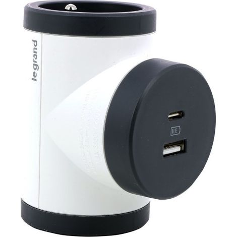 Legrand 049437 Rotating power strip with 2x2P+T side outlets, 16A, 3680W, with USB Type-A and Type-C ports - white and dark gray (1/3)