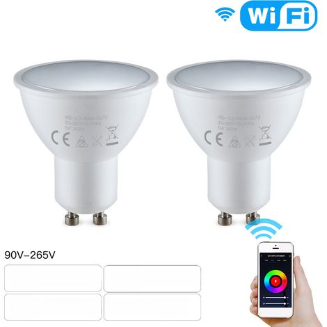Bombillas LED inteligentes WiFi de 5W, 90-265V, 2800K-6200K+RGB GU10, regulables, control remoto mediante aplicación móvil, compatibles con Google Home para control por voz, paquete de 2 (1/5)