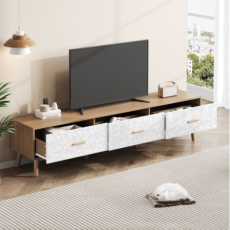 Mobile TV vintage 150 x 35 x 39 cm con 3 vani contenitore, bianco e legno chiaro HAVRYA (1/5)