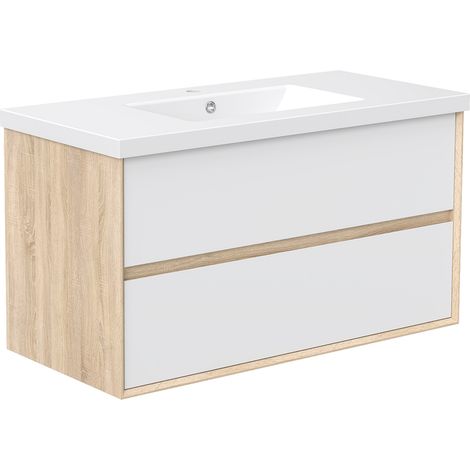 Meuble de Salle de Bain Suspendu 100cm - Blanc et Chêne - 2 Tiroirs - Lavabo - Montage Détachable (1/5)