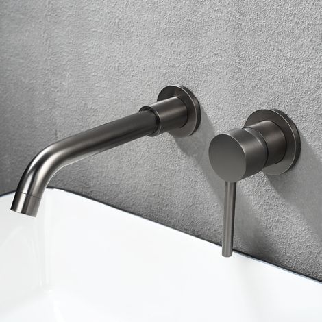 Wall Mounted Basin Faucet, High Quality Brass Wall Mounted Mixer Tap, Concealed Bathroom Faucet, 360° Rotating Hot and Cold Faucet, Dark Grey