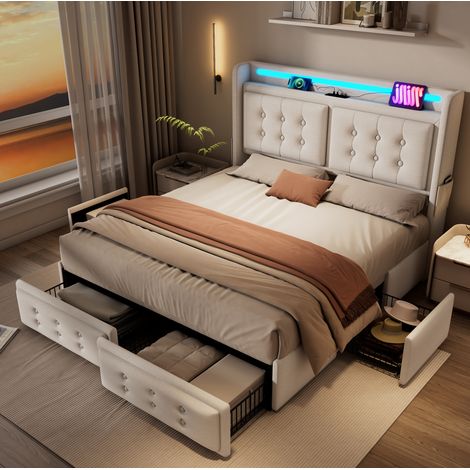 Cama tapizada 188x220x106 cm, con LED, puertos USB-C y USB, 4 cajones, algodón y lino beige (1/5)