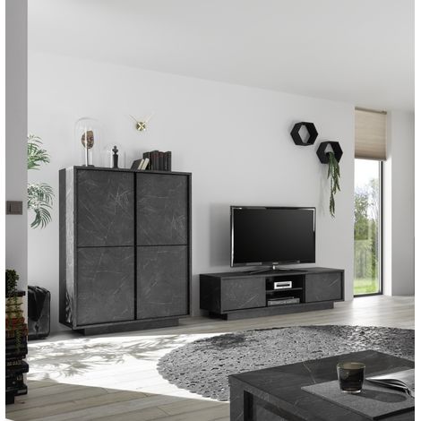Ensemble meuble TV, et argentier CARRARA marbre gris anthracite