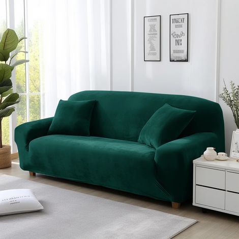 Housse de canapé en velours extensible, vert foncé, deux places (145-185 cm). (1/5)