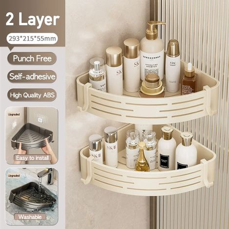 Étagère de salle de bain (blanche, 2 niveaux) - Fixation murale sans perçage - Étagère d'angle - Organisateur de douche en plastique blanc - Porte-shampoing (1/5)