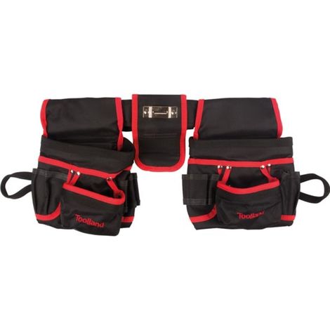 Toolland Werkzeug-Gürteltasche, Nylon, mit Nieten verstärkt, Schlaufen, viele Fächer, Hammerhalter, Schwarz/Rot