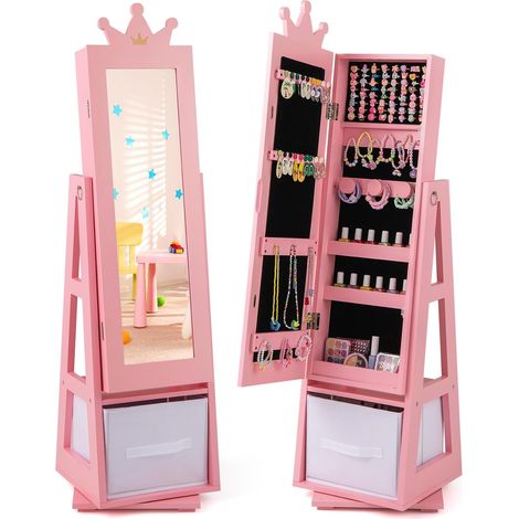 GOPLUS Armoire a Bijoux Enfant Fille, 3 en 1 Armoire à Bijoux avec Miroir sur Pied, Organiseur de Bijoux Pivotante avec Tiroir Pliable, Anti-Basculement, Meuble pour Chambre d'enfant (Rose) (1/5)