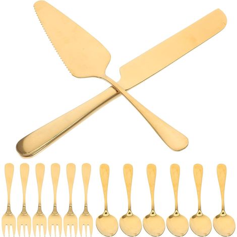 Ensemble 14 ustensiles cuisine inox doré : couteaux, spatules, fourchettes, cuillères pour gâteau, pizza, fromage