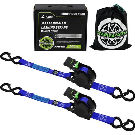 Spanngurte 2er-Set automatisch einziehbar 25mm x 3,6m mit S-Haken blau
