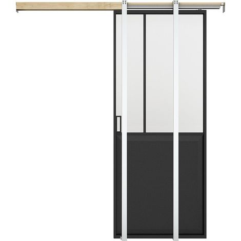 Vente-Unique – Porte coulissante atelier à galandage – Noir et verre trempé – H205 x L93 cm – Verre trempé 4mm – Aluminium léger et robuste