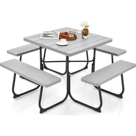COSTWAY Conjunto de Mesa de Camping con Banco, 8 Personas, Mesa Camping Cuadrado con 4 Bancos,HDPE, Orificio para Sombrilla, Mesa y Sillas Jardin Patio Terraza (Gris) (1/5)