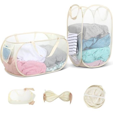Ecleanfy - Lot de 2 paniers linge pliables. Grande capacité, poignées. Parfait pour salle de bain, camping, rangement.Couleur: Beige (1/5)