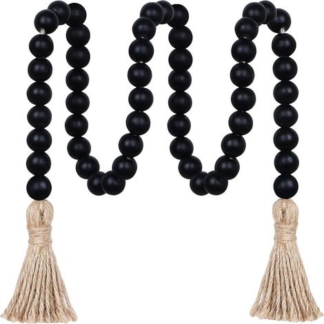 Guirlande de perles en bois de 99 cm avec pompons, chapelet bohème polyvalent pour une décoration murale élégante (noir) (1/5)
