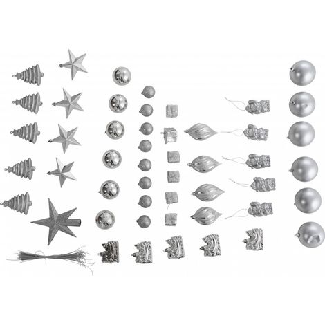 Dmora Box 50 Stück mehrformige Weihnachtsdekorationen, Ornamente und Spitze, Set Sortiment Weihnachtskugeln, Box Weihnachtsbaum Set, 4 bis 10 cm, Silber Farbe