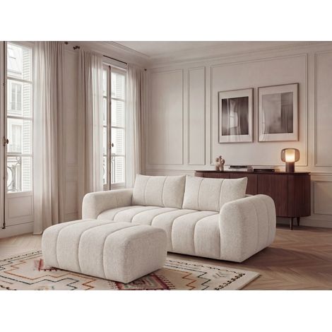BOBOCHIC - Canapé droit fixe 3 places NESTY tissu chiné avec pouf   Beige