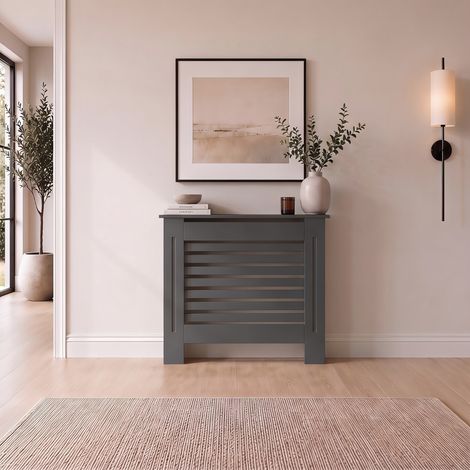 Radiator Cover Small Anthracite Grey Modern Horizontal Slat MDF Cabinet with Display Shelf 780x815x190mm (1/5)