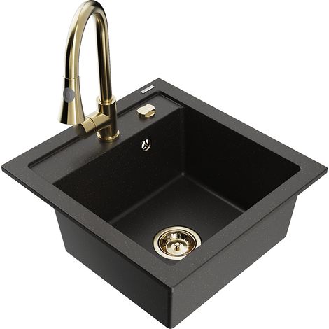 Mexen Vito fregadero de granito de 1 cubeta con grifo de cocina Elia, negro/oro metálico - 6503-75-670101-50 (1/5)