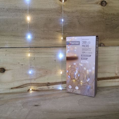 200 LED 10m Premier MicroBrights Indoor Outdoor Christmas Multi Function Battery Operated Lights with Timer on Pin Wire in Warm & Cool White (1/4)