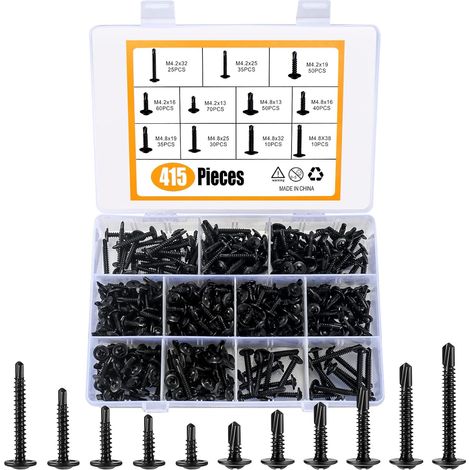 415 Pièces Autoperceuses, Vis à Tête Ronde, Vis à Tête Cylindrique Cruciformes en avec Queue de Forage, pour Métal Fixation en Bois en Tôle - M4,2/M4,8 (1/5)