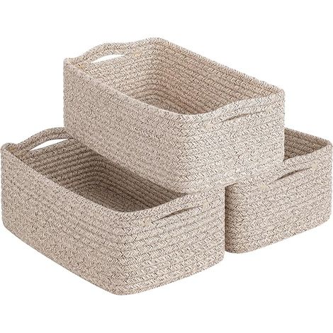 TIMEYARD Lot de 3 paniers de rangement, petits paniers cadeaux, paniers d'étagère, corbeilles à serviettes en corde, rangement de jouets, blanc et marron, 28 x 18 x 11 cm (1/5)